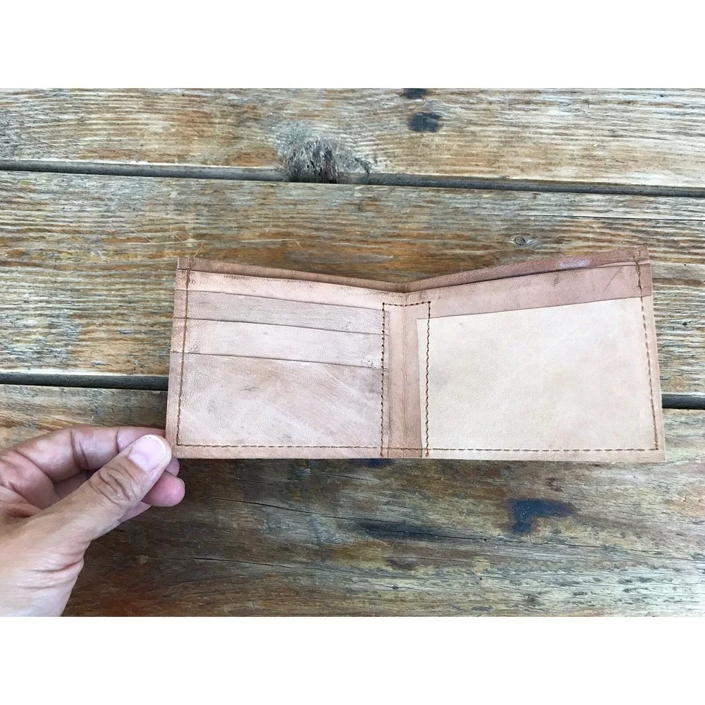 Vintage Handmade Hand Tooled Embossed Brown Leather Wallet Camel